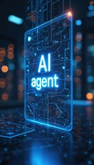AI agent interface glows blue with digital circuits visible. Modern technology concept displayed on a vertical screen. Smart system, future computing, artificial intelligence network connection.