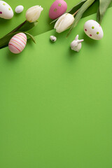 Easter eggs and tulip bouquet on bright green background for spring celebration and greeting