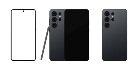 Detailed black new 2026 mobile phone with stylus mockup. Front and rear view isolated on transparent background. Vector PNG