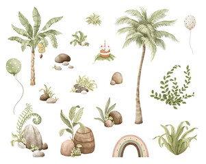 Watercolor set with palm tree, delicate plants, banana palm, cute rainbow, decorative stones and balls. Perfect hand-drawn collection for design childish mural, wallpaper, greeting cards or posters.
