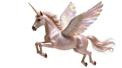 Elegant fantasy creature with iridescent horn and shimmering pegasus wings, in motion.