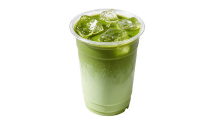 Refreshing iced matcha latte in a clear plastic cup, perfect for a summer drink menu.