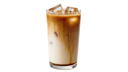 Refreshing iced coffee drink in a tall glass showcasing layered milk, coffee, and ice cubes