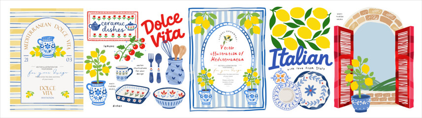 Mediterranean Italian Dolce Vita. Vector summer illustrations: lemon, blue ceramic dishes, pottery, window, invitation, Amalfi Coast, frame, border, background, cherry tomatoes, and plate for design a