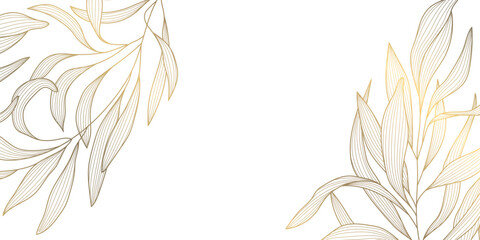 Luxury gold floral pattern with elegant line leaves and flowers on white background. Vector illustration, Japanese ornament with modern art deco style, organic shapes, flowing lines.