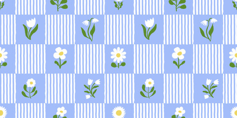 Vector hand drawn seamless pattern in simple doodle sketchy floral wavy and groovy naive style, dopamine and cottage core aesthetic, spring abstract prints with flowers and stripes