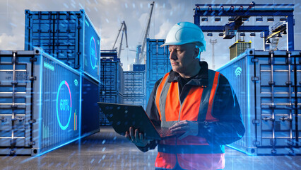Port logistics, container terminal. Supervisor in helmet uses laptop to monitor cargo containers with digital data overlay, managing shipments, tracking inventory, or supply chain operations.