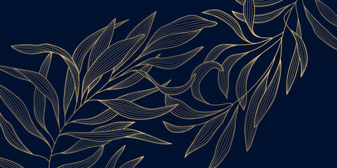 Luxury gold line floral pattern, elegant leaves and flowers, blue background. Vector illustration Japanese ornament, Art Deco, Nouveau style, modern vintage aesthetic, wedding invitations, perfume