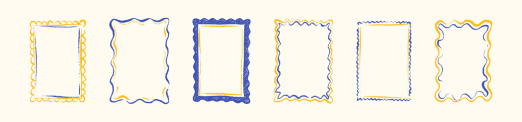 Blue and yellow Mediterranean coastal hand drawn crayon frame set. Scalloped edge, wavy, curve postage stamp boarder. Greece, Italy, Amalfi summer vacation style. Wedding invitation paint brush border