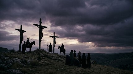 Atmospheric depiction of the crucifixion on Golgotha: three crosses with Christ and two thieves silhouetted against a stormy sky, mourners and soldiers gathered below
