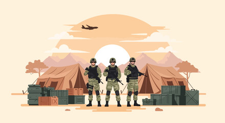 Military Soldiers Standing Guard at Desert Camp with Airplane Flying Overhead