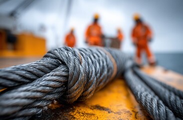 Heavy duty steel cable secured with a knot on a yellow surface with workers in orange suits in background