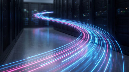 Dynamic light trails flowing through a server room, symbolizing rapid data transfer and network speed.