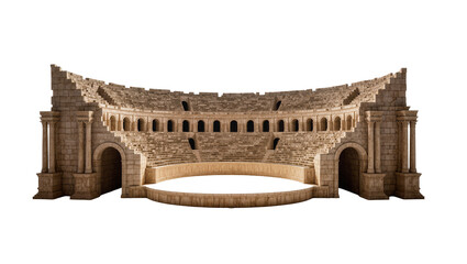Ancient Roman stone amphitheater with tiered seating and arched entrances, isolated on transparent background