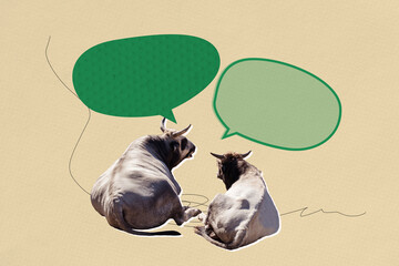 Template sketch image composite artwork collage of psychedelic two cow animal horns wildlife quote sticker dialog note speech talk