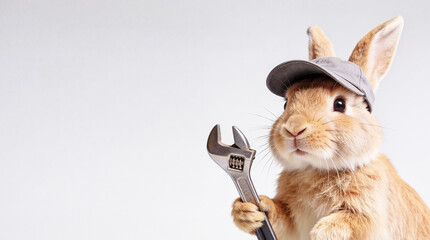 Cute bunny with metal wrench in grey cap clear light grey background with space for text. Workshop, auto mechanic, transportation sector Easter promotion