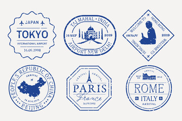 Vintage travel-themed passport stamps vector set