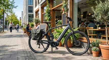 Modern electric bicycle parked on sunny city sidewalk, black e-bike with pannier bag outside cozy cafe, urban sustainable transportation and lifestyle