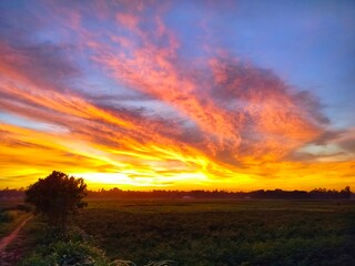Dramatic Fiery Sunset Over Rural Field with Vibrant Cloudscape