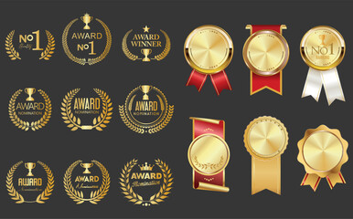 Number 1 award winner, Gold Medal Award Set, First Place Trophy, premium emblem laurel wreath award winner collection 