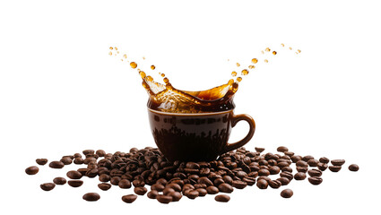Dark brown coffee cup with splashing liquid surrounded by roasted coffee beans, isolated on transparent background