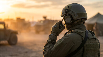 A soldier stands in a military camp during sunset. He holds a radio to his ear while looking towards vehicles in the distance. Dust floats in the air as the sun sets