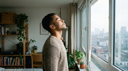 Young man enjoying morning sunlight by an open apartment window for