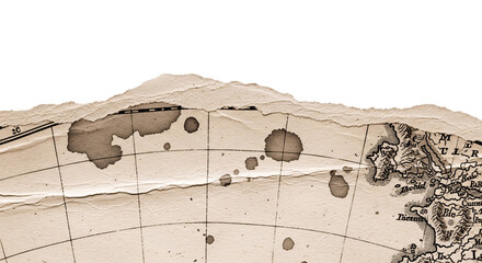 Vintage map fragment torn edge with ink stains isolated.