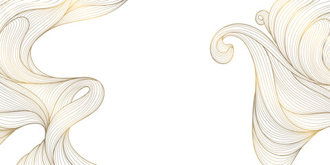 Luxury abstract gold wave pattern, elegant line art on white background. Japanese and Chinese vector design, smooth curves, flowing silk texture, premium frames, wallpapers, fabric prints.