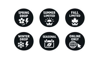 Seasonal round badge icon set. spring, summer, fall, winter, seasonal, online only, limited offers. line, flat and colored vector icon set.