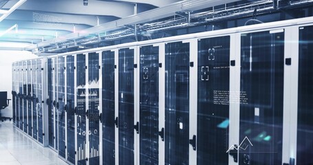 Displaying row of glass-front server racks showing overlays and flashing LED lights in server aisle
