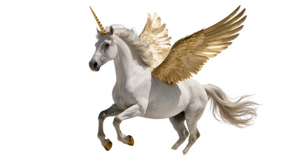 Majestic gray unicorn with flowing mane and tail displaying large golden feathered wings, isolated on transparent background for fantasy designs
