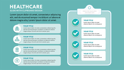 Medical business presentation slide template with clipboard checklist - modern minimalist design with line icons in flat style - teal green background