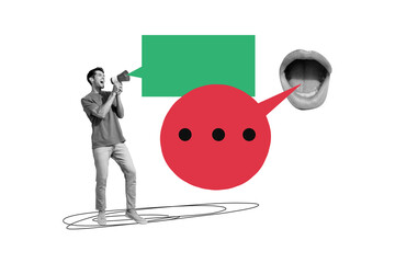 Composite photo collage of happy man scream megaphone bubble communication faceless mouth open lips phrase isolated on painted background