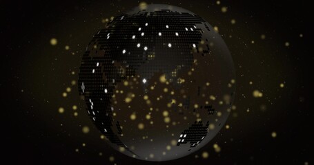 Spinning digital globe showing pixelated surface with city lights and golden bokeh in dark space