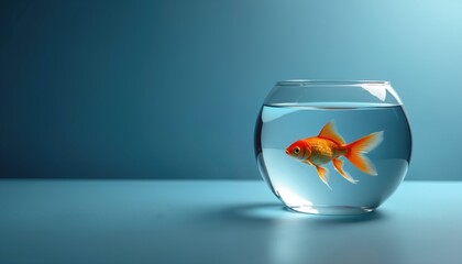 Orange goldfish swims in clean clear water inside a round glass bowl. Isolated pet fish on blue studio surface, simple aquatic background, peaceful movement.