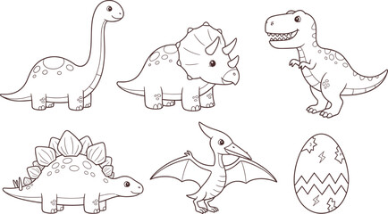 Cute dinosaur cartoon outline vector set with triceratops brachiosaurus tyrannosaurus stegosaurus pterodactyl and egg illustration for kids coloring pages