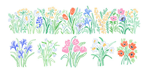 Spring flowers set. Doodle sketch style bloom, wildflower, blossom. Summer floral decoration and tulip, daffodil bouquets, crayon drawing. Hand-drawn vector illustrations isolated on white background