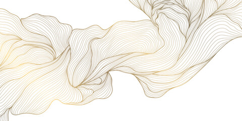 Luxury abstract gold floral line pattern on white background, elegant leaves, flowers, flowing abstract waves. Modern vector illustration, Japanese ornament, Art Deco and Art Nouveau.