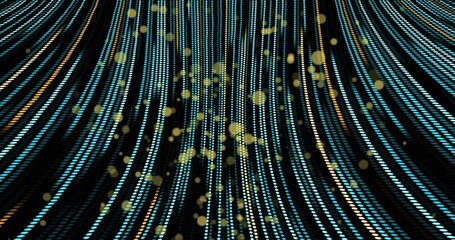 Flowing curtain of turquoise and gold dotted lights creating depth in black field, with bokeh