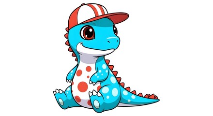 Cute cartoon baby dinosaur with polka dots wearing a red and white baseball cap