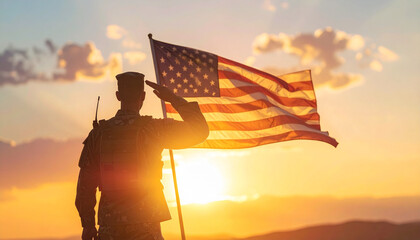 Classic patriotic scene of a soldier saluting under a dramatic sunset sky, symbolizing respect and honor.