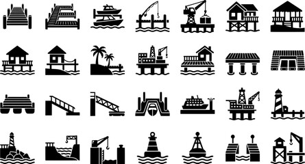 Black silhouette beach icon set featuring boats, palm trees, and fishing piers 