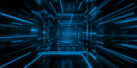 Abstract blue technology tunnel background featuring a futuristic 3d digital pattern with a glowing square design and tech data light for a virtual business wallpaper backdrop