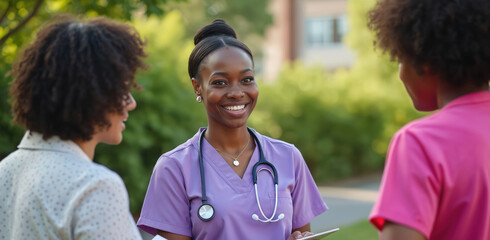 Nurse talks with patients outside. Health worker in scrubs with stethoscope smiles. Woman shares health info during community outreach. Caregiver meets people outdoors.