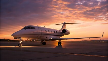 Luxury private jet on tarmac at sunset