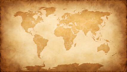 Vintage world map on aged parchment paper with sepia tones and distressed border, symbolizing history, travel, and exploration