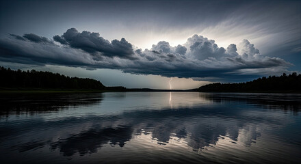 A lightning strike over a calm lake with dark storm clouds.