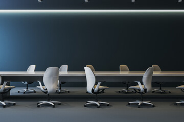 Modern empty corporate conference workspace with long tables and office chairs in minimal contemporary interior design setting. 3D Rendering