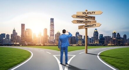 Business professional analyzing financial volatility and uncertainty road sign against city skyline at sunrise